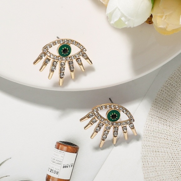 2/$20! Gold Crystal Pave Evil Eye Stud Earrings - Picture 10 of 14